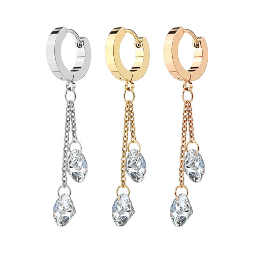 2023 Japanese and Korean Commuting Simple Personality Fashion Titanium Steel Flat Earrings Stainless Steel Women Tassel Zircon Earrings Wholesale