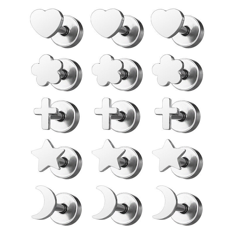Japanese and Korean Niche Simple Versatile Titanium Steel Star Cross Heart Round Cake Earrings Fashionable Design Hua Zi Earrings
