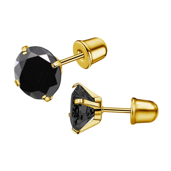 Amazon Super Shiny Titanium Steel 5A Zircon High-End Earrings Round Simple Stainless Steel Threaded Flat Back Ear Bone Studs