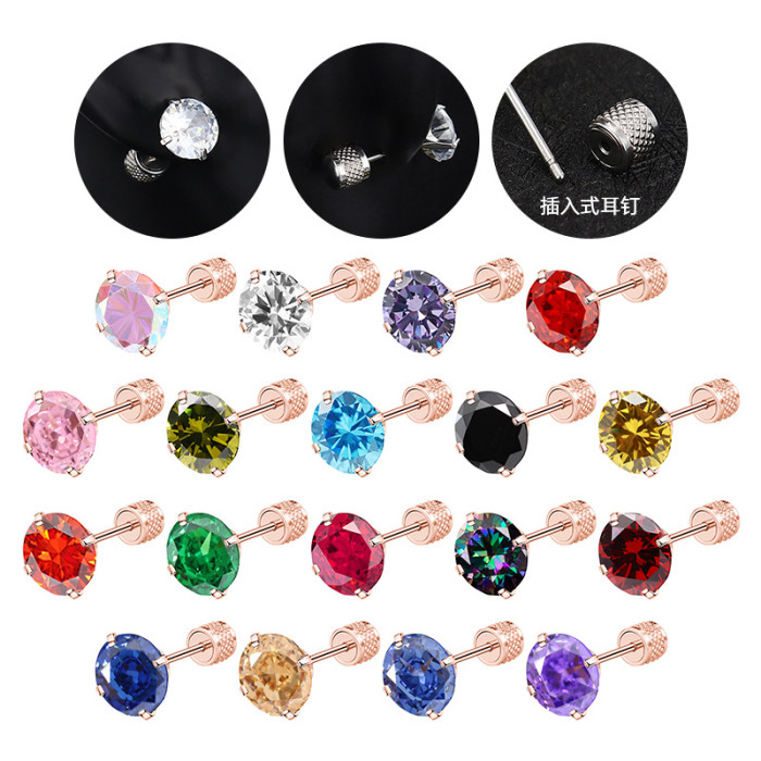 Factory Direct Sale Inserted Patterned Round Cylinder Ear Plugs Colorful Round Zircon Stainless Steel Ear Studs Ear Bone Studs Simple Fashion