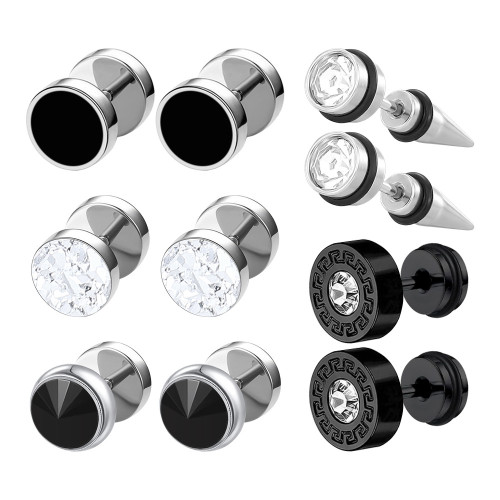 European and American Cross-Border Simple Stainless Steel Round Cake Earrings Threaded Base Sticky Diamond Pointed Cone Earrings Personality Trend Jewelry Wholesale