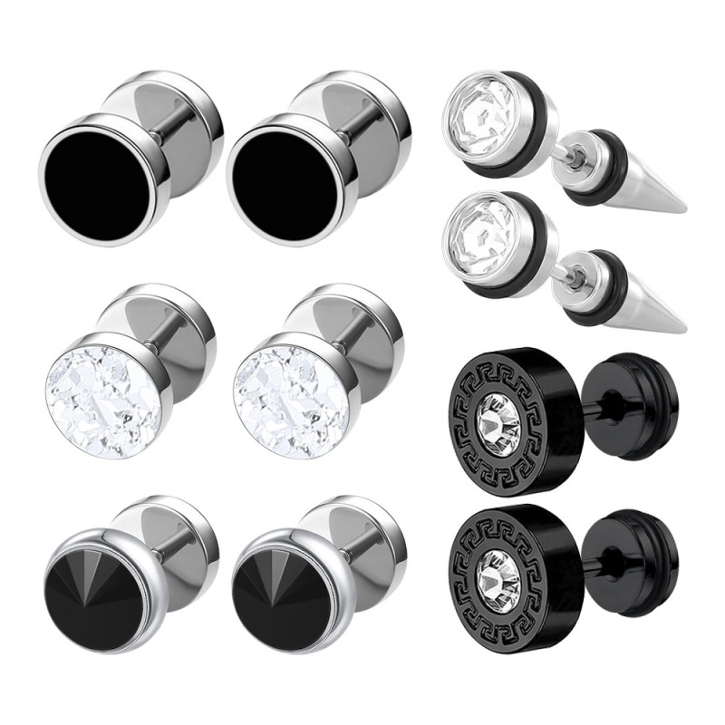 European and American Cross-Border Simple Stainless Steel Round Cake Earrings Threaded Base Sticky Diamond Pointed Cone Earrings Personality Trend Jewelry Wholesale