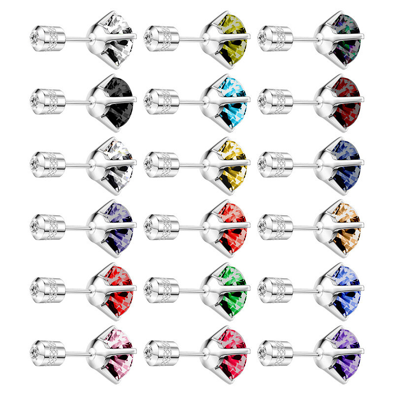 Cross-Border New Threaded Carved Pattern Round Double-Headed Drill Titanium Steel Inlaid Four-Prong Zircon Earrings Factory Direct Sale