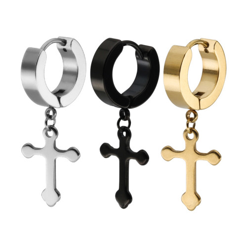 2023 European and American Punk Hip-Hop Titanium Steel Round Ear Cuff Cross Pendant Earrings Ear Jewelry Studs Personality Geometry