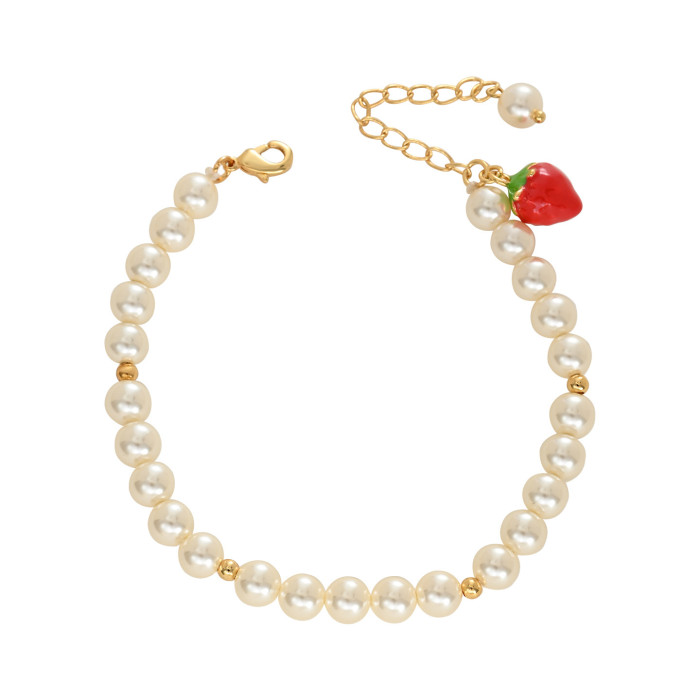 Real Gold Electroplated Pastoral Style Enamel Drip Glazed Strawberry Pearl Bracelet Indie Pop, Sweet and Cute Fashion Creative Bracelet for Women