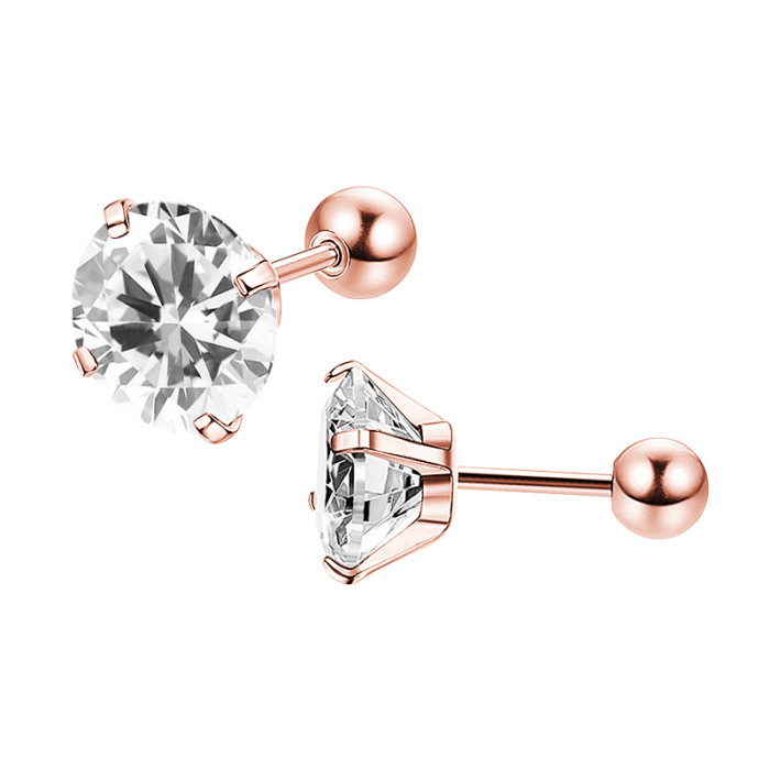 European and American Cross-Border Exclusive Titanium Steel One-Piece Four-Claw Zircon Earrings Round Ball Threaded Ear Bone Studs Jewelry Manufacturer Wholesale