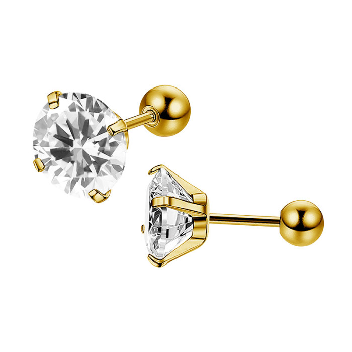European and American Cross-Border 316 Titanium Steel One-Piece Four-Claw Zircon Earrings Round Ball Threaded Ear Bone Stud Stainless Steel Earrings Wholesale