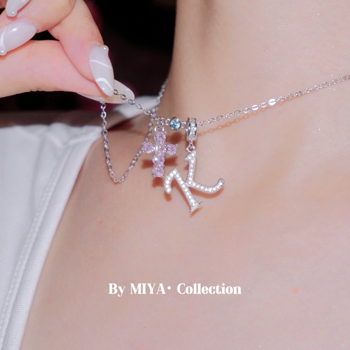 Cross-Border Hot Item Cross Blue Zircon Letter Custom Necklace Best Friend Birthday Gift 26 Letter Necklace