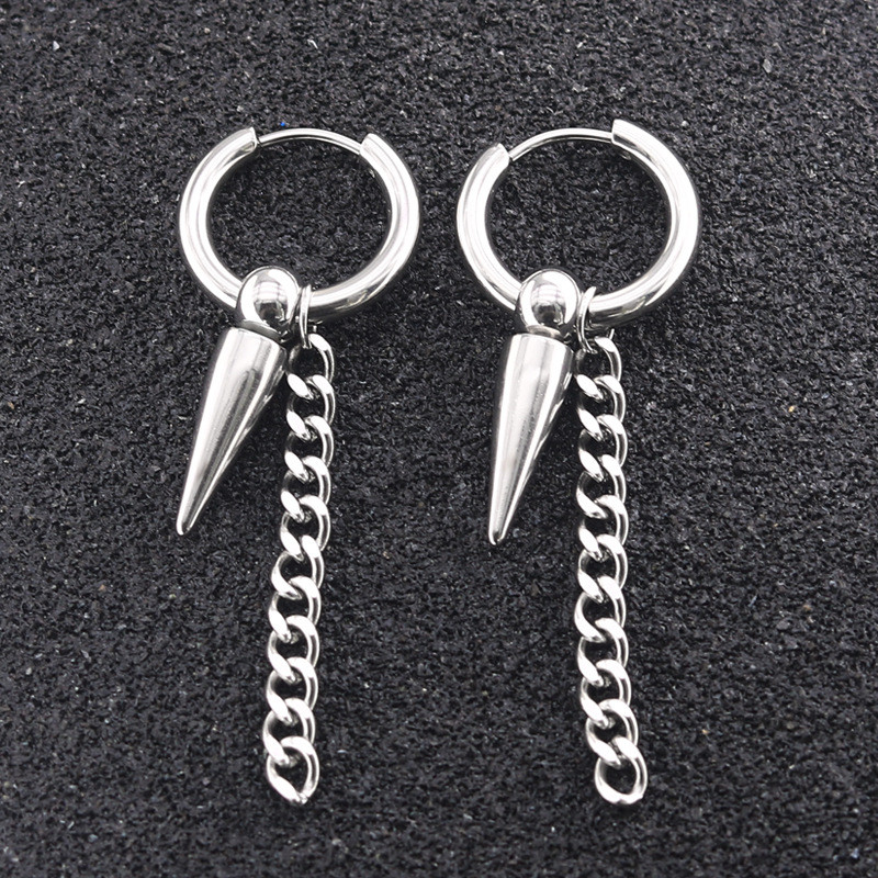Japanese and Korean Hip-Hop Punk Trend Men's Stainless Steel Chain Earrings Cross Round Black Titanium Steel Earrings Ear Clips