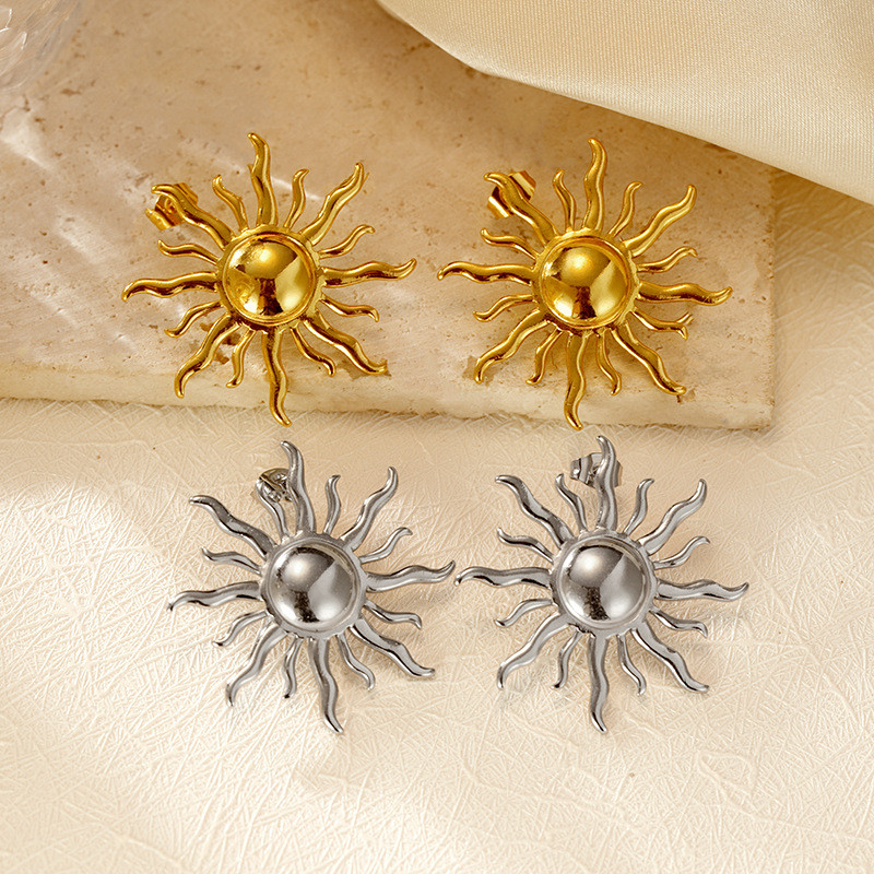 Cross-Border European and American Stainless Steel Earrings Sunflower Exaggerated Ear Jewelry 18K Gold Plated Stud Earrings Fashion Women's Earrings
