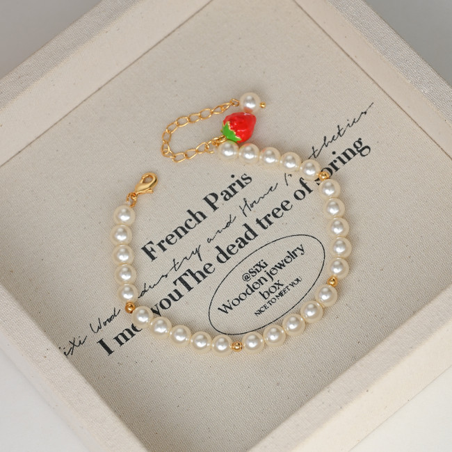 Real Gold Electroplated Pastoral Style Enamel Drip Glazed Strawberry Pearl Bracelet Indie Pop, Sweet and Cute Fashion Creative Bracelet for Women