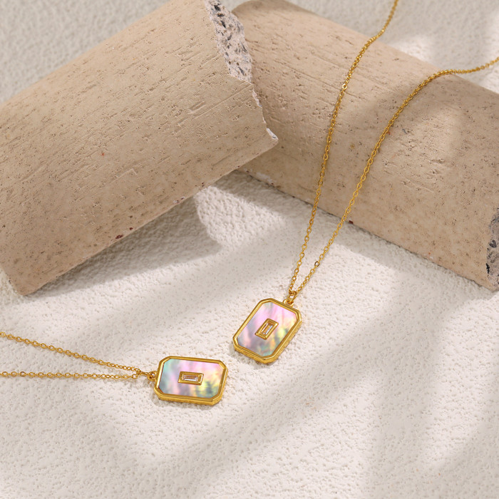 INS Style Foreign Trade Retro Square White Mother-of-Pearl Pendant Necklace Gold Plated Titanium Steel Fashion Collar...