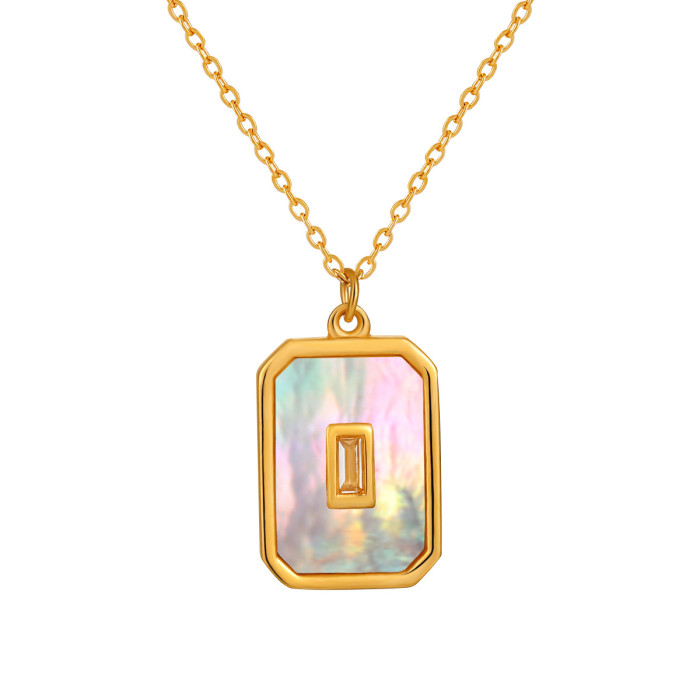 INS Style Foreign Trade Retro Square White Mother-of-Pearl Pendant Necklace Gold Plated Titanium Steel Fashion Collar...