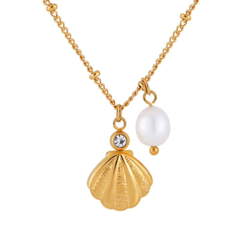 European and American Cross-Border INS Titanium Steel Shell Pearl Necklace for Women with Diamond Inlay Design Pendant Freshwater Pearl Splicing Choker