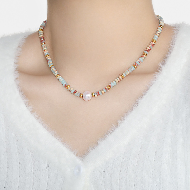 Cross-Border New Creative Palace Style Niche Retro Handmade Beaded Collarbone Chain Freshwater Pearl Light Luxury Titanium Steel Necklace