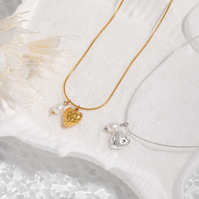 Korean Style Simple Geometric Texture Heart Pendant Freshwater Pearl Titanium Steel Necklace Fashionable Personality Gold-Plated Collarbone Chain