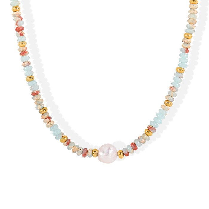 Cross-Border New Creative Palace Style Niche Retro Handmade Beaded Collarbone Chain Freshwater Pearl Light Luxury Titanium Steel Necklace