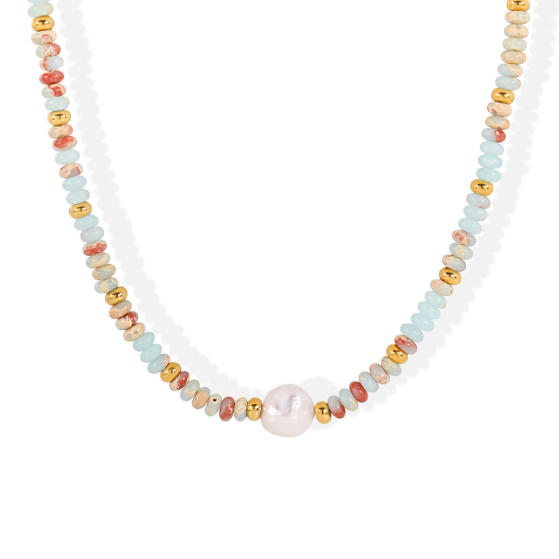 Cross-Border New Creative Palace Style Niche Retro Handmade Beaded Collarbone Chain Freshwater Pearl Light Luxury Titanium Steel Necklace