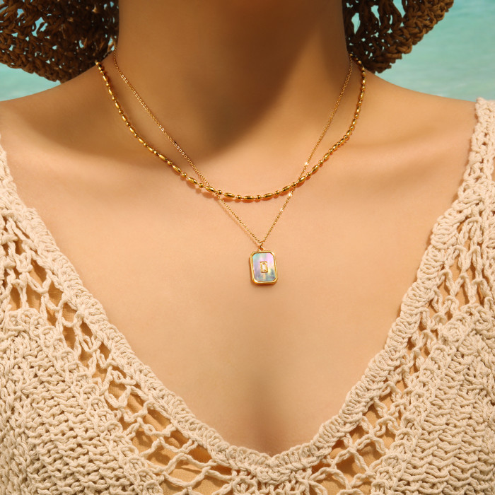 INS Style Foreign Trade Retro Square White Mother-of-Pearl Pendant Necklace Gold Plated Titanium Steel Fashion Collar...