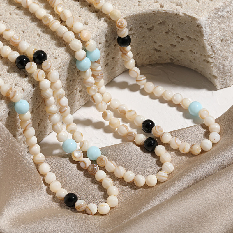 Cross-Border New High-End Light Luxury Niche Agate Horse Eye Shell Bead Handmade Beaded Collarbone Chain Titanium Steel Necklace for Women