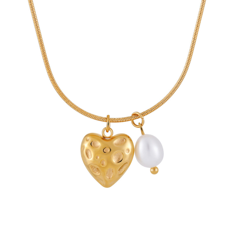 Korean Style Simple Geometric Texture Heart Pendant Freshwater Pearl Titanium Steel Necklace Fashionable Personality Gold-Plated Collarbone Chain