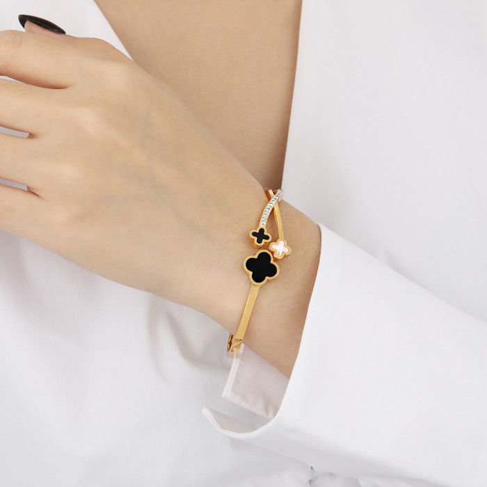 Korean Style Ins New Exquisite Niche Four-leaf Clover Mud Stone Titanium Steel Bracelet Women's Fashion Personality...