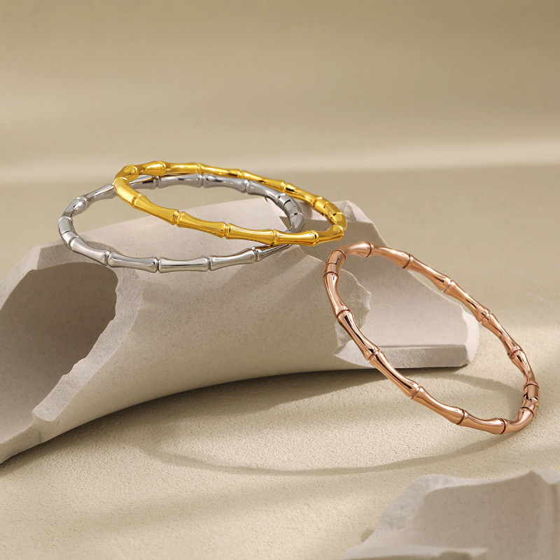 European and American Cross-Border High Color Retention Solid Bamboo Shape Fashion Bracelet for Women Titanium Steel Electroplated 24K Gold PVD Coating