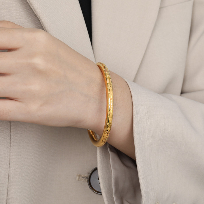 Chinese Style Simple Wanfu Ancient Method Inheritance Bracelet for Women, Personalized Versatile Titanium Steel Plated with 24K Real Gold Bangle