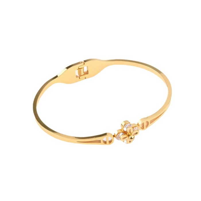 Japanese and Korean Fashion Hollow Clip Stone Lucky Four-Leaf Flower Bracelet Personality Open Spring Design Stainl...