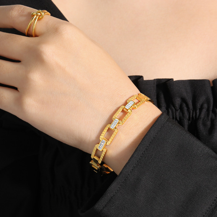 Exaggerated Chain Design Striped Hollow Inlaid Bracelet Fashionable Personality Simple Light Luxury Titanium Steel Br...