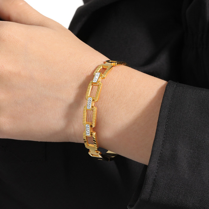 Exaggerated Chain Design Striped Hollow Inlaid Bracelet Fashionable Personality Simple Light Luxury Titanium Steel Br...