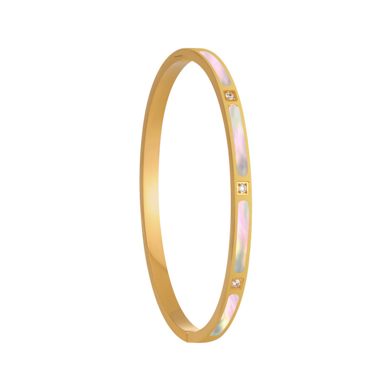Korean Fashion Hot-Selling Light Luxury Elegant Simple White Shell Inlaid Diamond Bracelet for Women, Versatile and High-End Titanium Steel Bangle