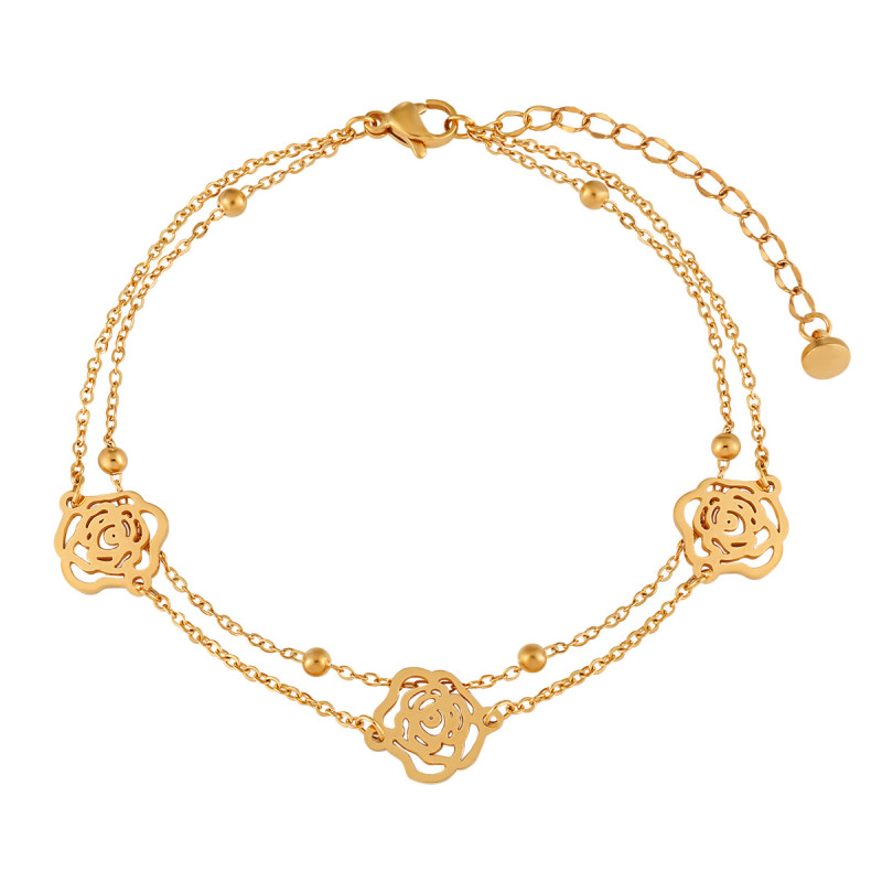 Korean Style Ins Simple Elegant Stainless Steel Double Layer Bead Rose Flower Anklet Fashion Niche Titanium Steel Foot Jewelry
