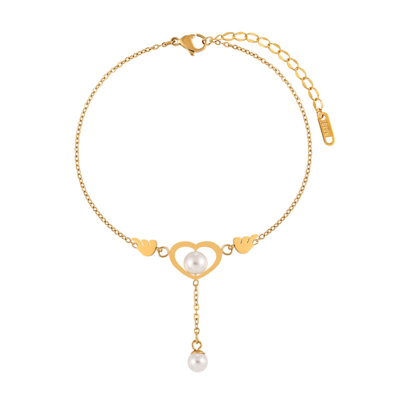 Korean Style INS New Heart Angel Tassel Pearl Anklet Fashion Personality Gold-Plated Heart-Shaped Titanium Steel Foot Jewelry