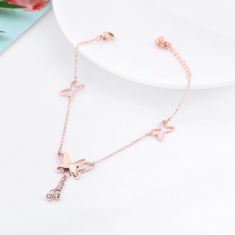 Summer Beach Fashion Open Toe Tassel Single Diamond Butterfly Anklet for Women Electroplated PVD Gold Titanium Steel Simple Foot Jewelry