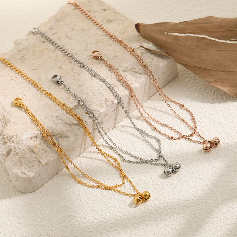 New Ins Niche Versatile Double Layer Chain Design Bell Anklet Titanium Steel Gold Plated Summer Beach Foot Jewelry Wholesale