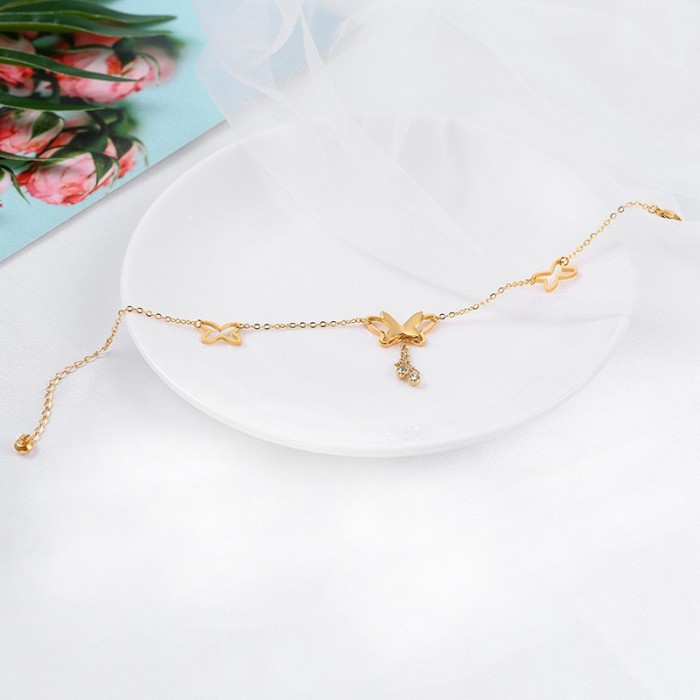 Summer Beach Fashion Open Toe Tassel Single Stone Butterfly Anklet for Women Electroplated PVD Gold Titanium Steel...
