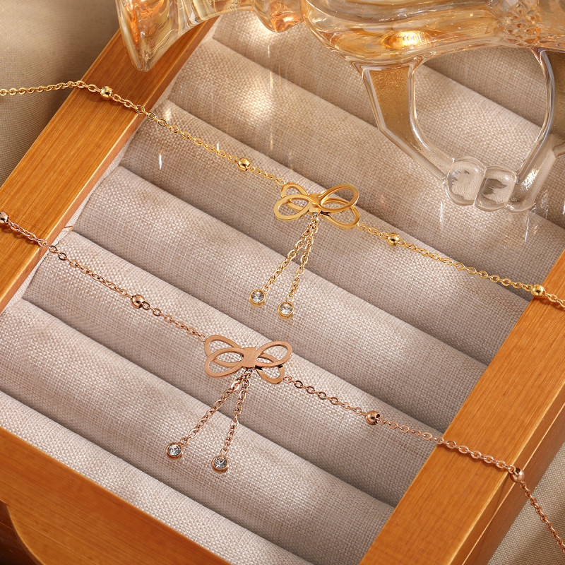 Korean Style Fresh Sweet Simple Bowknot Tassel Rhinestone Anklet for Women Fashionable Personality Gold-Plated Titanium Steel Foot Jewelry