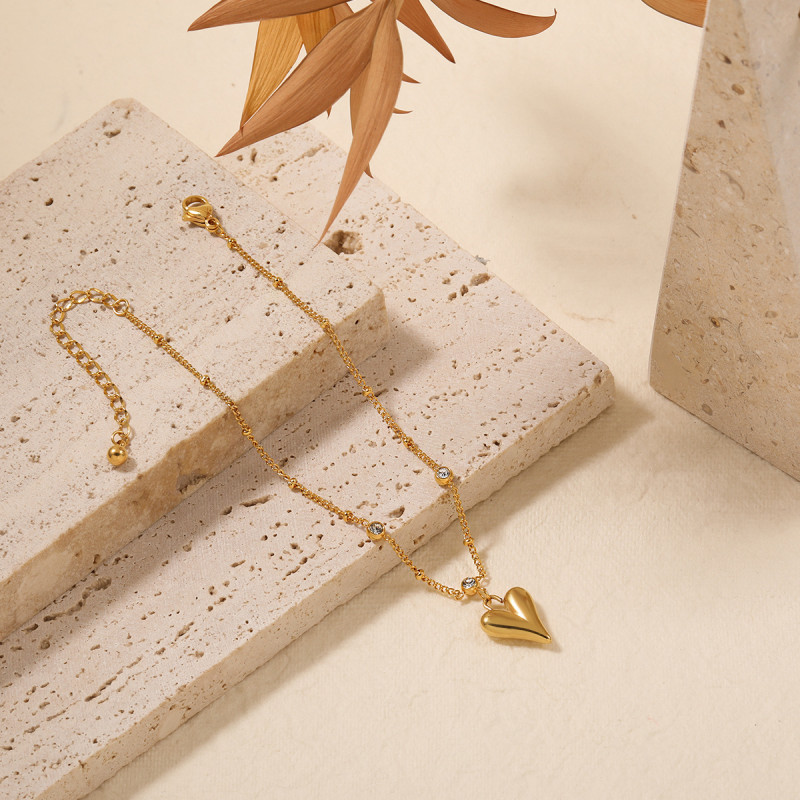 Korean Style Ins Simple New Luxury Tassel Inlaid Heart Anklet Fashion Personality Gold-Plated Titanium Steel Foot Jewelry