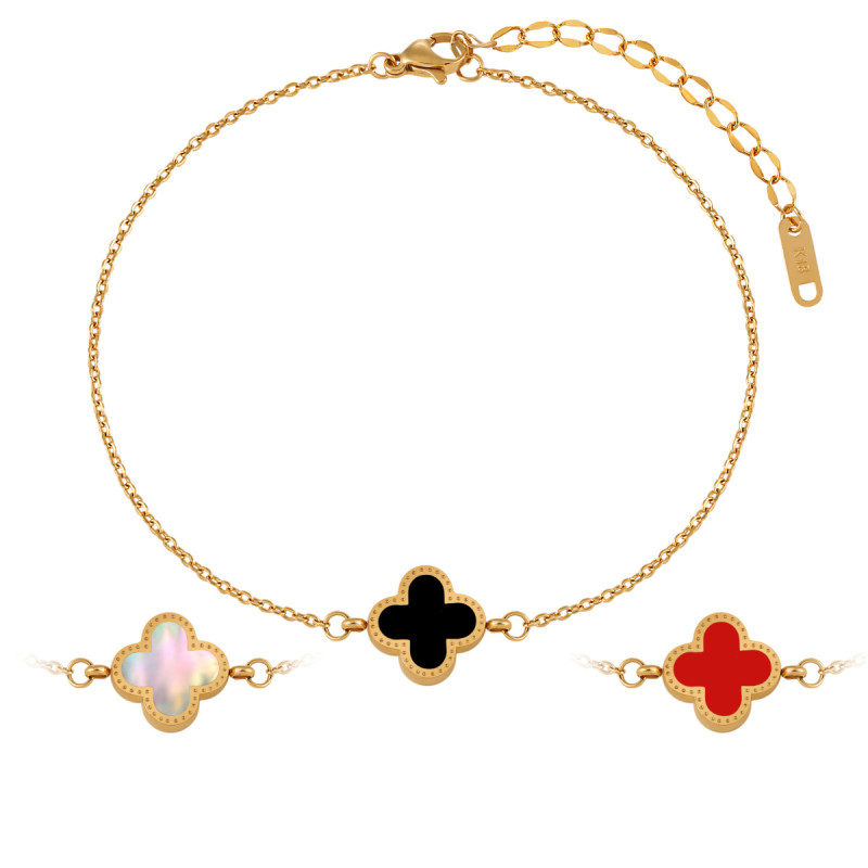 Korean Style New Luxury Four-Leaf Clover Double-Sided Black and White Shell Anklet for Women Fashionable Personality Gold-Plated Titanium Steel Foot Jewelry