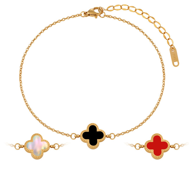 Korean Style New Luxury Four-Leaf Clover Double-Sided Black and White Shell Anklet for Women Fashionable Personality Gold-Plated Titanium Steel Foot Jewelry