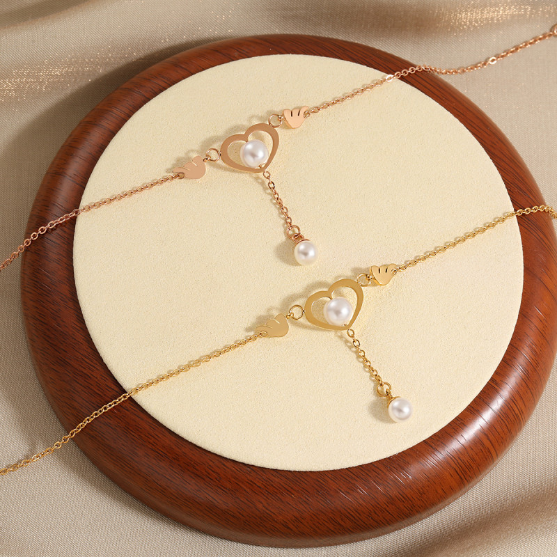 Korean Style INS New Heart Angel Tassel Pearl Anklet Fashion Personality Gold-Plated Heart-Shaped Titanium Steel Foot Jewelry