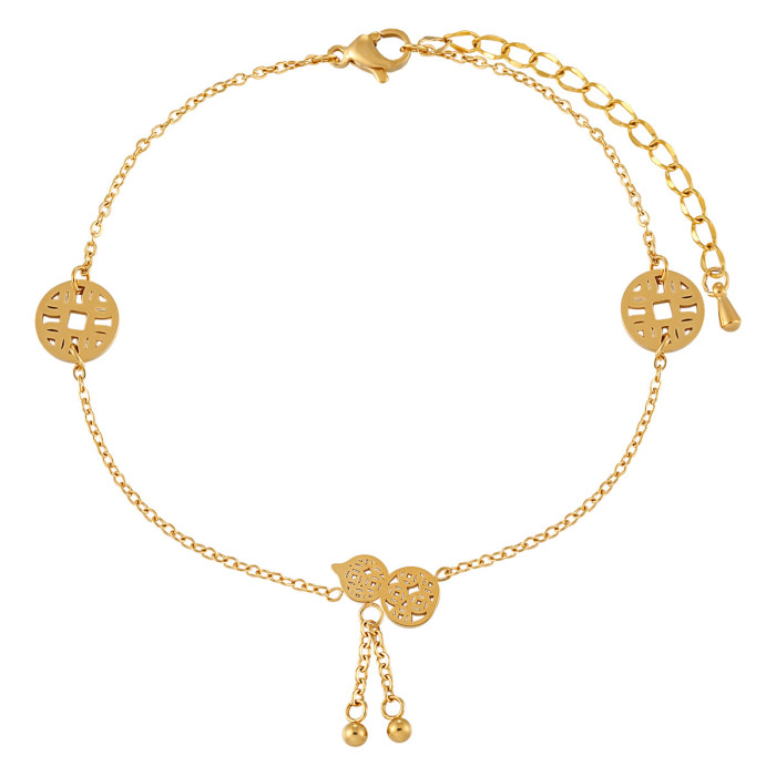 New Design Wealth-Attracting Lucky Tassel Gourd Anklet for Women, Ins Style Titanium Steel Electroplated PVD Gold Foo...
