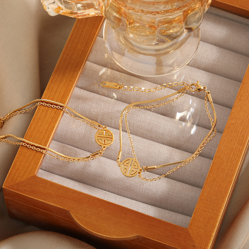 New Simple Double Layer Snake Bone Chain Round Fortune Pendant Anklet for Women Titanium Steel Electroplated PVD Jewelry Wholesale