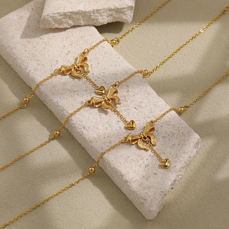 Korean Style INS Fashion New Bowknot Heart Titanium Steel Anklet for Women Elegant High-end Gold-plated Foot Jewelry