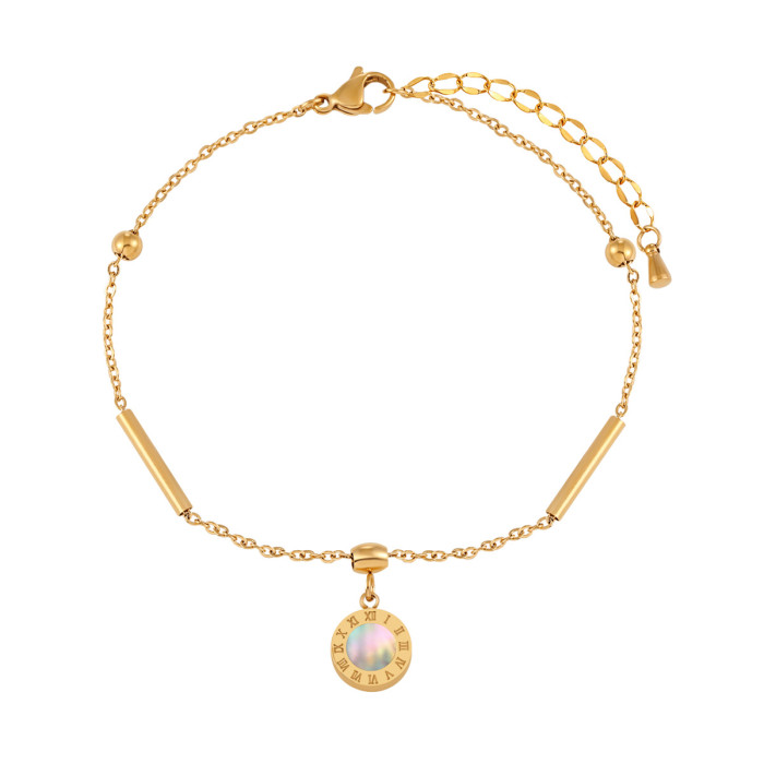 Korean Style New Double-Sided Roman Numeral White Shell Resin Anklet for Women Fashionable Personality Gold Plated Ti...