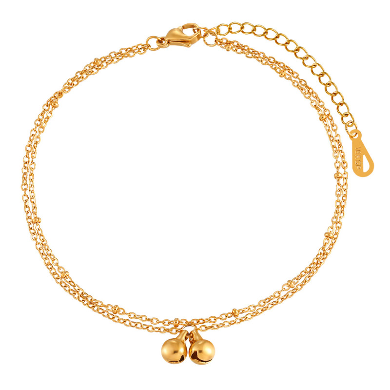 New Ins Niche Versatile Double Layer Chain Design Bell Anklet Titanium Steel Gold Plated Summer Beach Foot Jewelry Wholesale