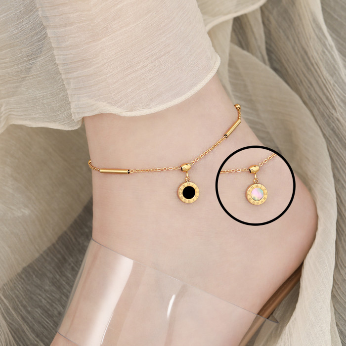 Korean Style New Double-Sided Roman Numeral White Shell Resin Anklet for Women Fashionable Personality Gold Plated Ti...