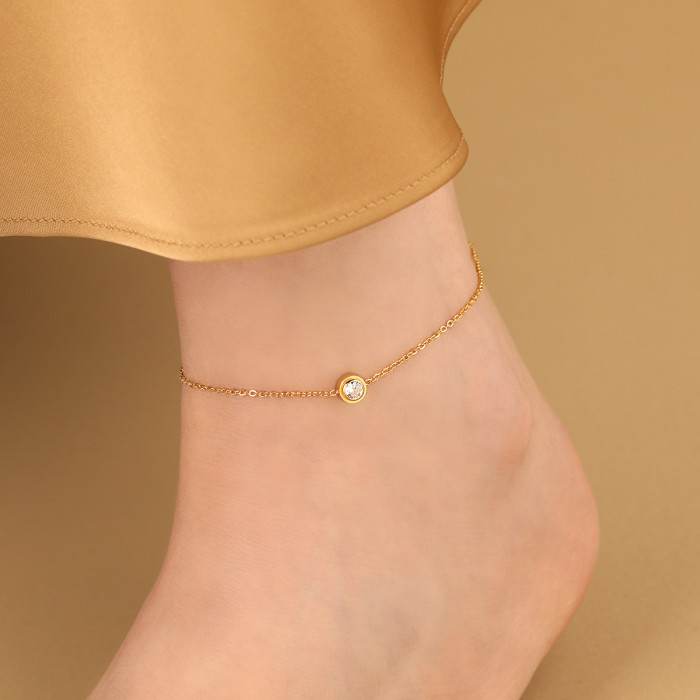Korean Style Ins Fashion Minimalist Chain Stone-Inlaid Anklet for Women Titanium Steel Vacuum Coating PVD Gold Foot...