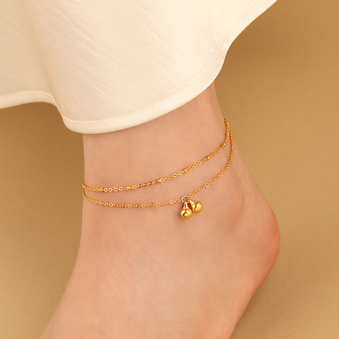 New Ins Niche Versatile Double Layer Chain Design Bell Anklet Titanium Steel Gold Plated Summer Beach Foot Jewelry Wh...